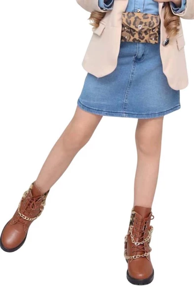 Kız Çocuk Leopar Desenli Fiyonk Detaylı Kot Gömlek Bej Blazer Ceket Etekli Takım - 6