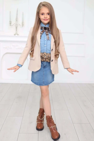 Kız Çocuk Leopar Desenli Fiyonk Detaylı Kot Gömlek Bej Blazer Ceket Etekli Takım - 8