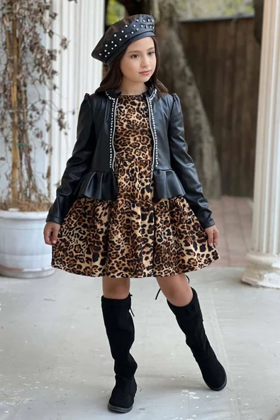 Kız Çocuk Taş İşlemeli Fırfırlı Siyah Deri Ceket Leopar Desenli Elbise