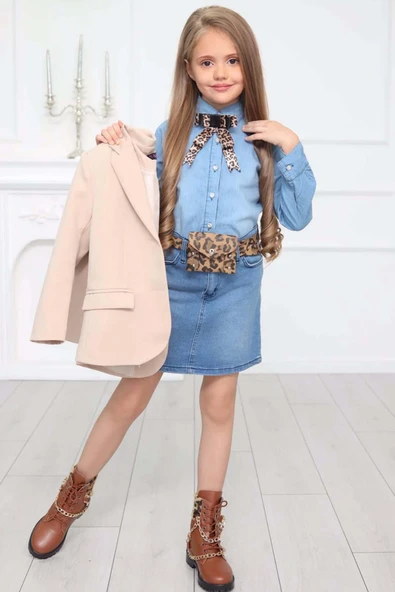 Kız Çocuk Leopar Desenli Fiyonk Detaylı Kot Gömlek Bej Blazer Ceket Etekli Takım - 10