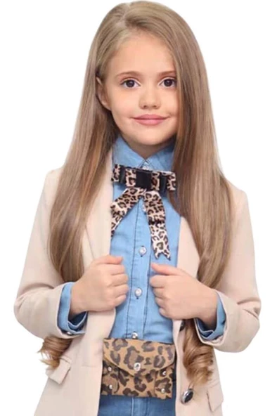 Kız Çocuk Leopar Desenli Fiyonk Detaylı Kot Gömlek Bej Blazer Ceket Etekli Takım - 5