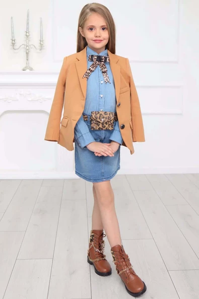 Kız Çocuk Leopar Desenli Fiyonk Detaylı Kot Gömlek Kahverengi Blazer Ceket Etekli Takım - 3