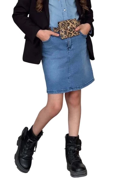 Kız Çocuk Leopar Desenli Fiyonk Detaylı Kot Gömlek Siyah Blazer Ceket Etekli Takım - 3