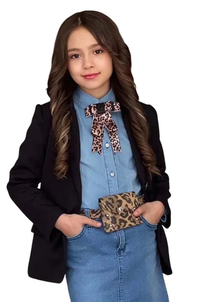 Kız Çocuk Leopar Desenli Fiyonk Detaylı Kot Gömlek Siyah Blazer Ceket Etekli Takım - 2