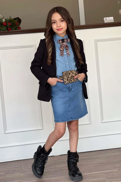 Kız Çocuk Leopar Desenli Fiyonk Detaylı Kot Gömlek Siyah Blazer Ceket Etekli Takım - 4