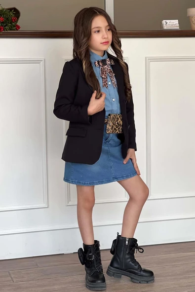 Kız Çocuk Leopar Desenli Fiyonk Detaylı Kot Gömlek Siyah Blazer Ceket Etekli Takım - 5