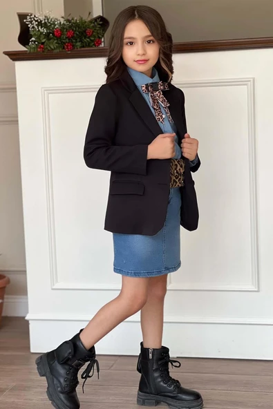 Kız Çocuk Leopar Desenli Fiyonk Detaylı Kot Gömlek Siyah Blazer Ceket Etekli Takım - 6