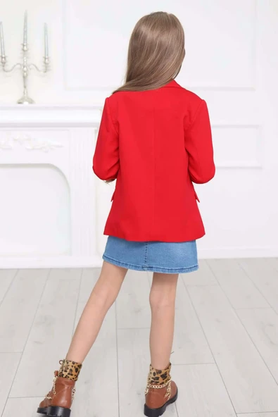 Kız Çocuk Leopar Desenli Fiyonk Detaylı Kot Gömlek Kırmızı Blazer Ceket Etekli Takım - 11