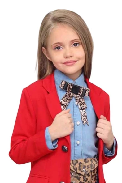 Kız Çocuk Leopar Desenli Fiyonk Detaylı Kot Gömlek Kırmızı Blazer Ceket Etekli Takım - 5