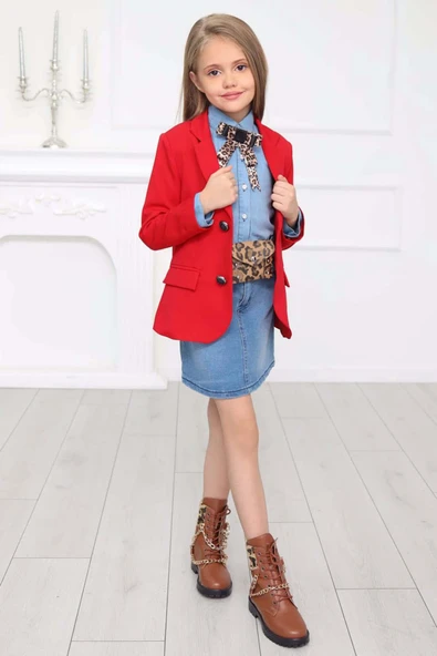 Kız Çocuk Leopar Desenli Fiyonk Detaylı Kot Gömlek Kırmızı Blazer Ceket Etekli Takım - 7