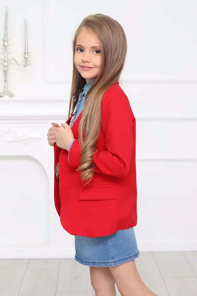 Kız Çocuk Leopar Desenli Fiyonk Detaylı Kot Gömlek Kırmızı Blazer Ceket Etekli Takım - 10