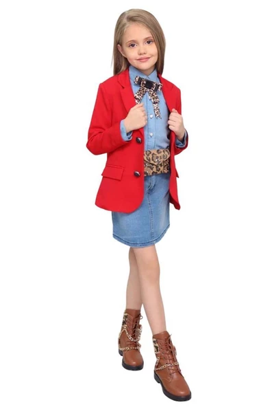 Kız Çocuk Leopar Desenli Fiyonk Detaylı Kot Gömlek Kırmızı Blazer Ceket Etekli Takım - 4
