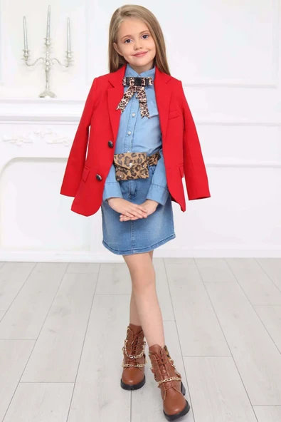 Kız Çocuk Leopar Desenli Fiyonk Detaylı Kot Gömlek Kırmızı Blazer Ceket Etekli Takım - 8