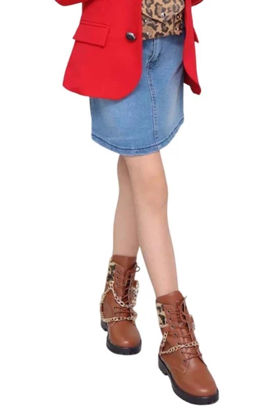 Kız Çocuk Leopar Desenli Fiyonk Detaylı Kot Gömlek Kırmızı Blazer Ceket Etekli Takım - 6