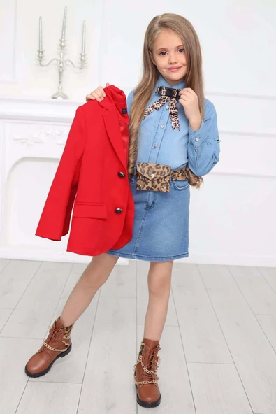 Kız Çocuk Leopar Desenli Fiyonk Detaylı Kot Gömlek Kırmızı Blazer Ceket Etekli Takım - 9