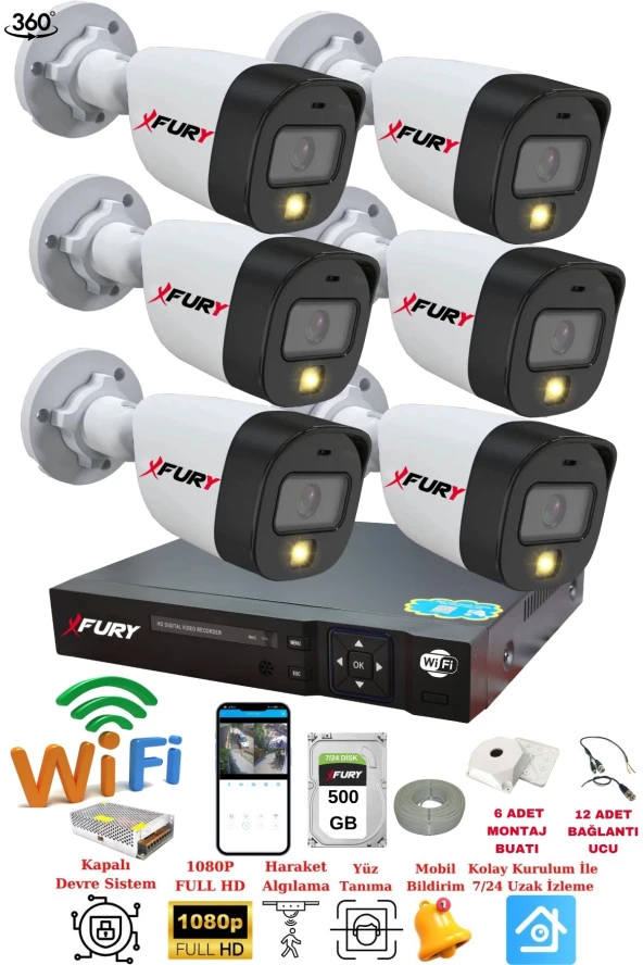 FURY 6 Kameralı Gece Renkli 1080P 2Mp Görüntü Full Hd Ultra Led Gece Renkli Güvenlik Kamerası Seti 500GB ürün görseli