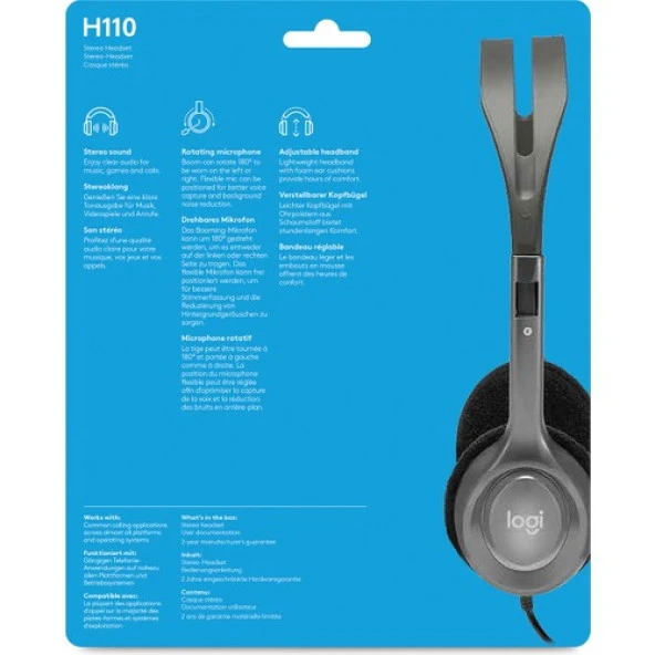 Logitech H110 Kablolu Stereo Kulaklık - Gri - Resim 6