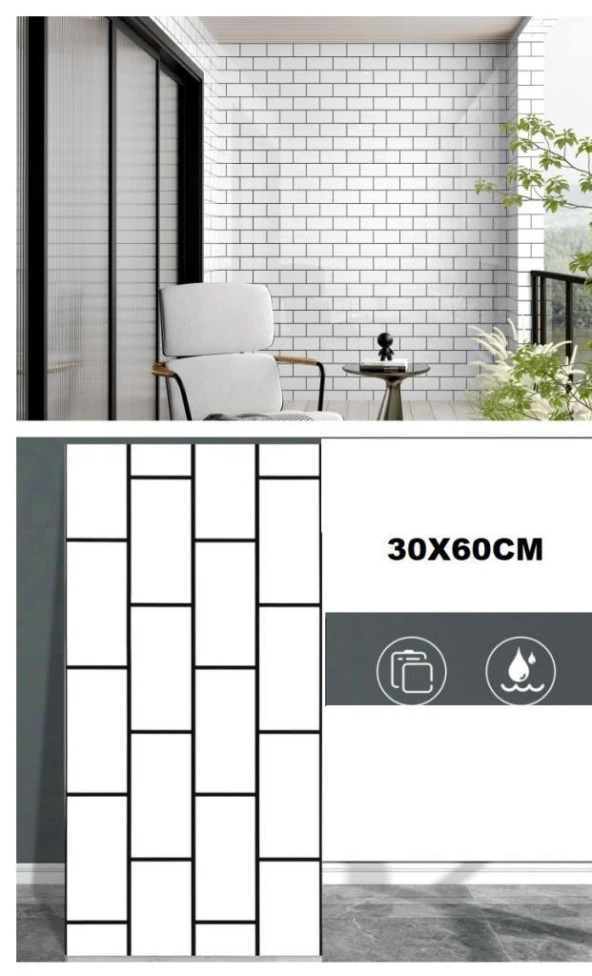 Renkli Duvarlar 6 Adet 60x30cm Beyaz Tuğla Desen Yapışkanlı Karavan Prefabrik Banyo Wc Duvar Paneli Shiny-19 - Resim 6