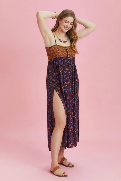 Askılı Yırtmaçlı Çiçekli Robadan Büyük Beden Elbise - Resim 2