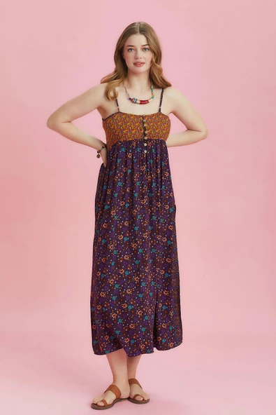 Askılı Yırtmaçlı Çiçekli Robadan Büyük Beden Elbise - Resim 5