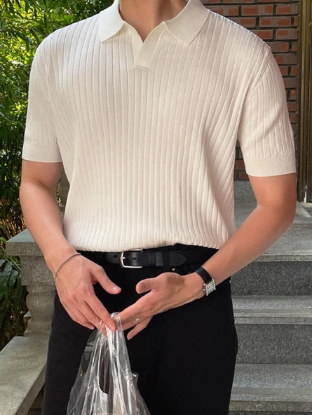 Beyaz Erkek Fitilli Polo Yaka Triko T-Shirt - 2