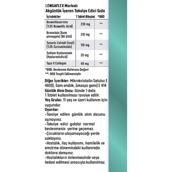 Longaflex Tip 2 Kolajen, Hyalüronik Asit, Bromelain, Bozwellia 30 Tablet - 6