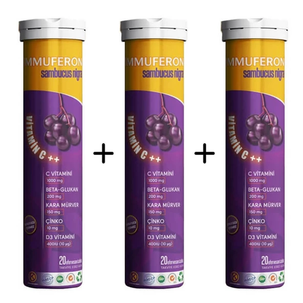 İmmuferon Beta Glucan 200mg, Vitamin C 1000mg, D3, Çinko, Karamürver 20 Efervesan - 3'lü - Resim 3