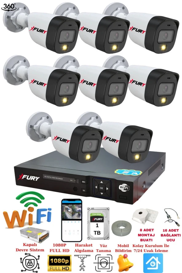 FURY 8 Kameralı 1080P 2Mp Görüntü Gece Renkli Full Hd Ultra Led Gece Renkli Güvenlik Kamerası Seti 1 TB ürün görseli