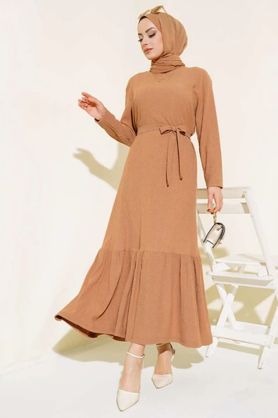 Bürümcüklü Kuşaklı Kat Elbise Camel