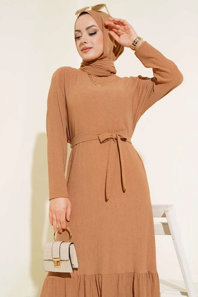 Bürümcüklü Kuşaklı Kat Elbise Camel - 2