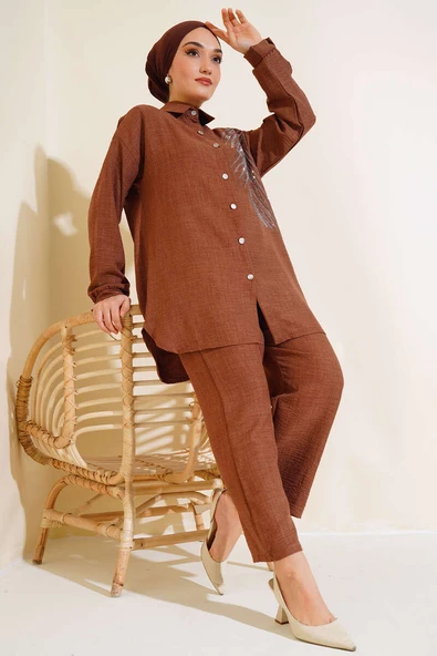 Taş Süslemeli Keten İkili Takım Kahve ürün görseli 1