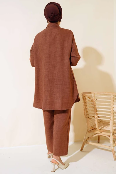 Taş Süslemeli Keten İkili Takım Kahve - Resim 3