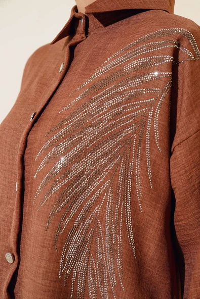 Taş Süslemeli Keten İkili Takım Kahve - Resim 4