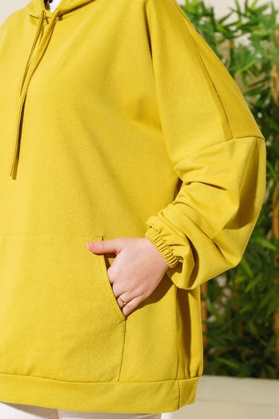 Kapüşonlu Oversize Sweat Yağ Yeşili - Resim 4