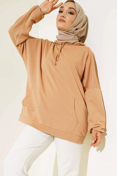 Kapüşonlu Oversize Sweat Latte - 2