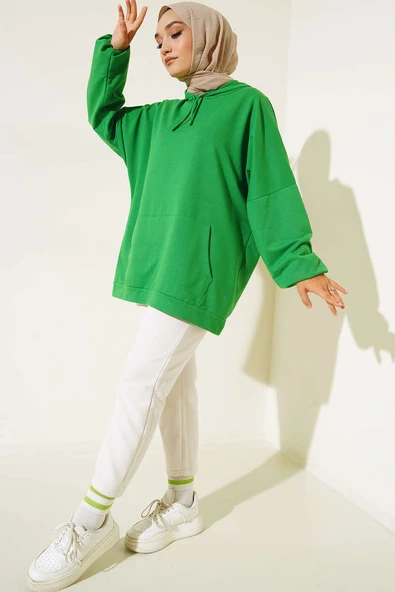 Kapüşonlu Oversize Sweat Yeşil - Resim 2