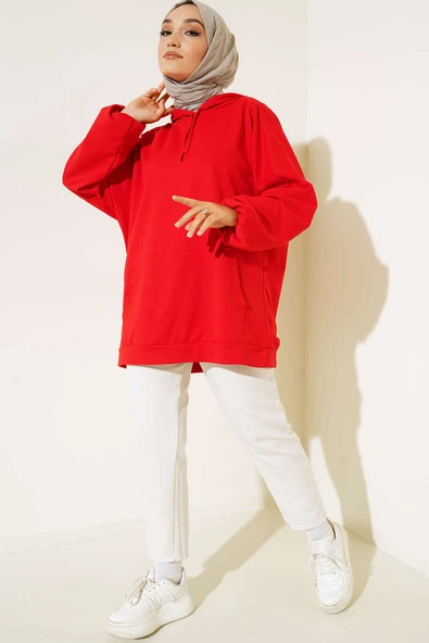 Kapüşonlu Oversize Sweat Kırmızı - 2