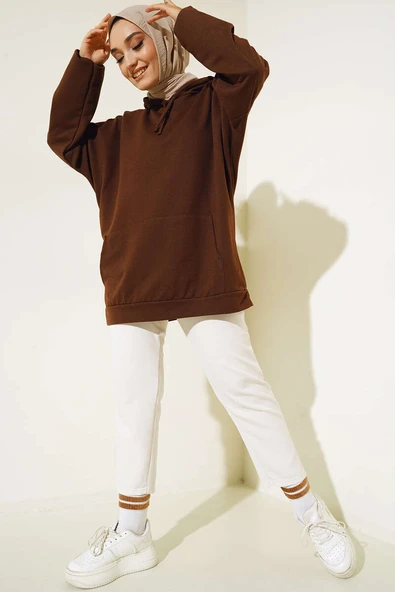 Kapüşonlu Oversize Sweat Kahve - Resim 2
