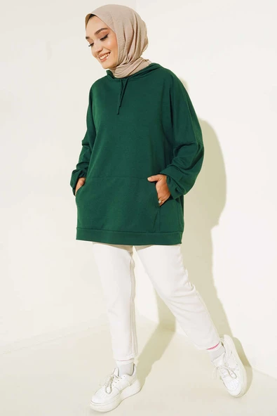 Kapüşonlu Oversize Sweat Zümrüt - 2