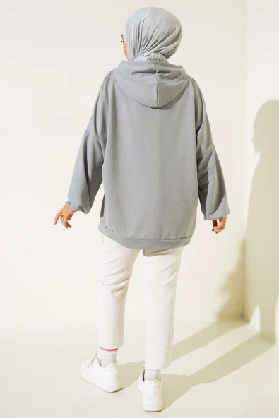 Kapüşonlu Oversize Sweat Kayrak Grisi - Resim 3