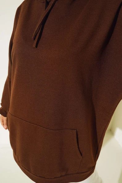 Kapüşonlu Oversize Sweat Kahve - Resim 4