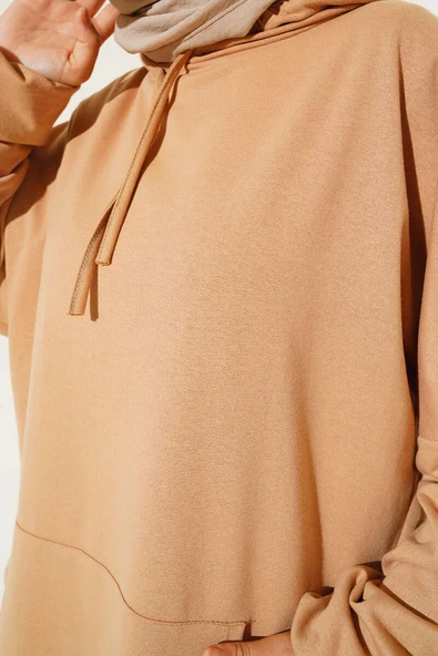 Kapüşonlu Oversize Sweat Latte - 4