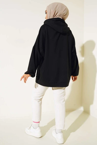 Kapüşonlu Oversize Sweat Siyah - 3