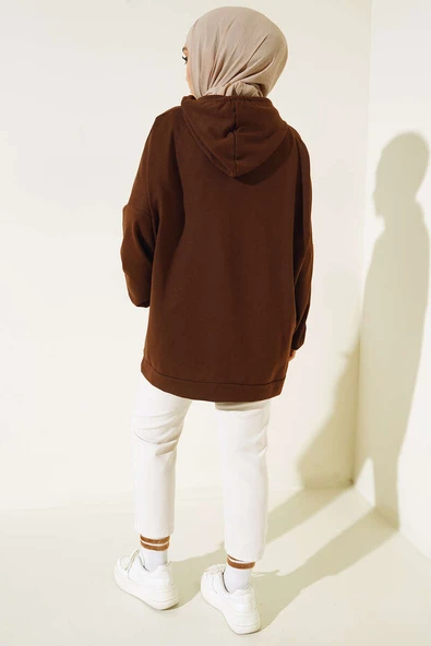 Kapüşonlu Oversize Sweat Kahve - Resim 3