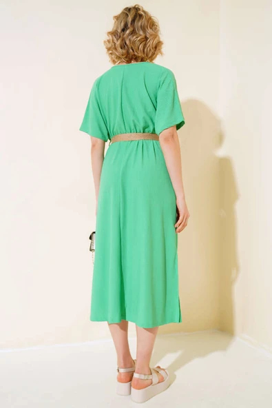 Kırkınkıl Hasır Kemerli Elbise Yeşil - Resim 3