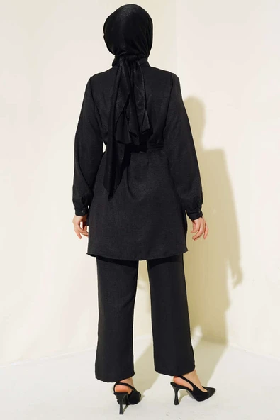 Etek Ucu Pileli Keten İkili Takım Siyah - 3