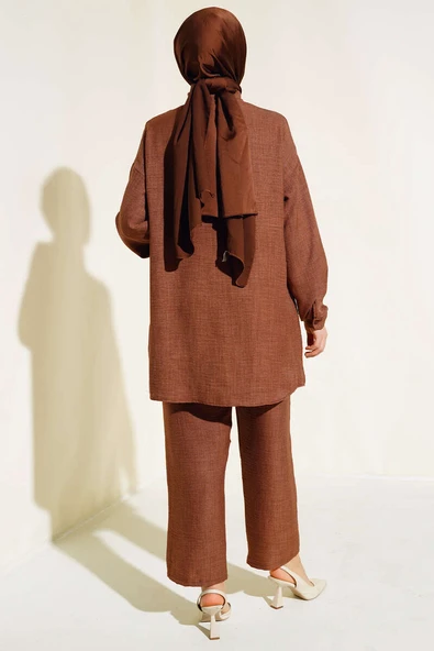 Cepleri Taşlı Keten Takım Kahve - Resim 3