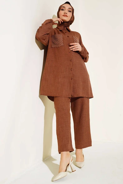 Cepleri Taşlı Keten Takım Kahve ürün görseli 1