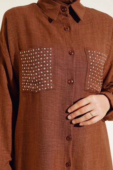 Cepleri Taşlı Keten Takım Kahve - Resim 4