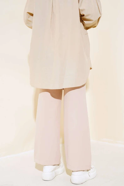 Beli Cırtlı Bol Paça Pantolon Bej - Resim 3